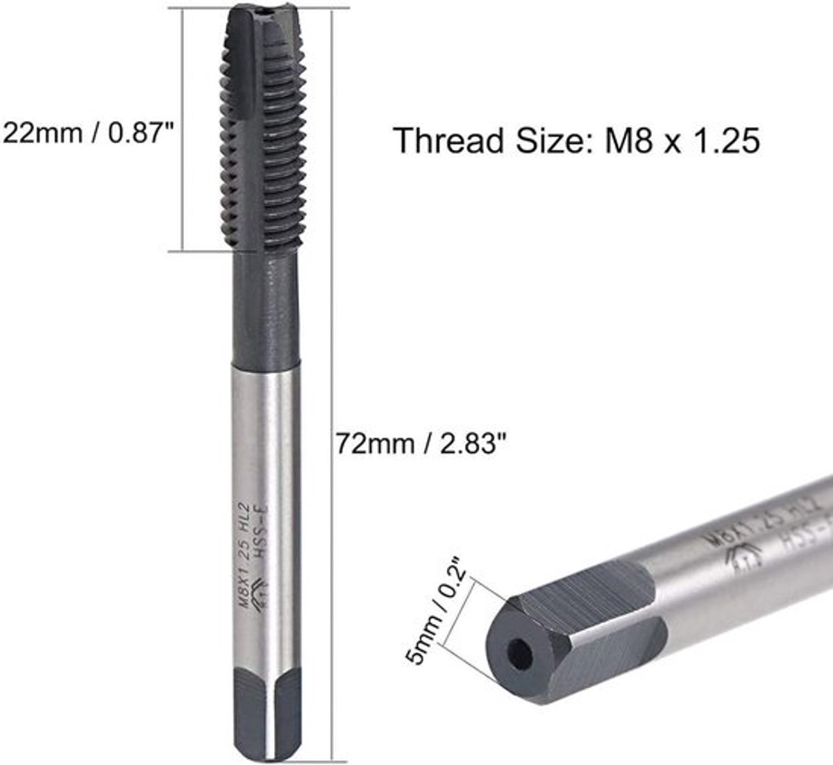 Spiraalvormige punt draadkraan set, M8 x 1,25 mm, HSS TICN gecoat - draadfreeskraan met JIS Standrad, vierkant uiteinde