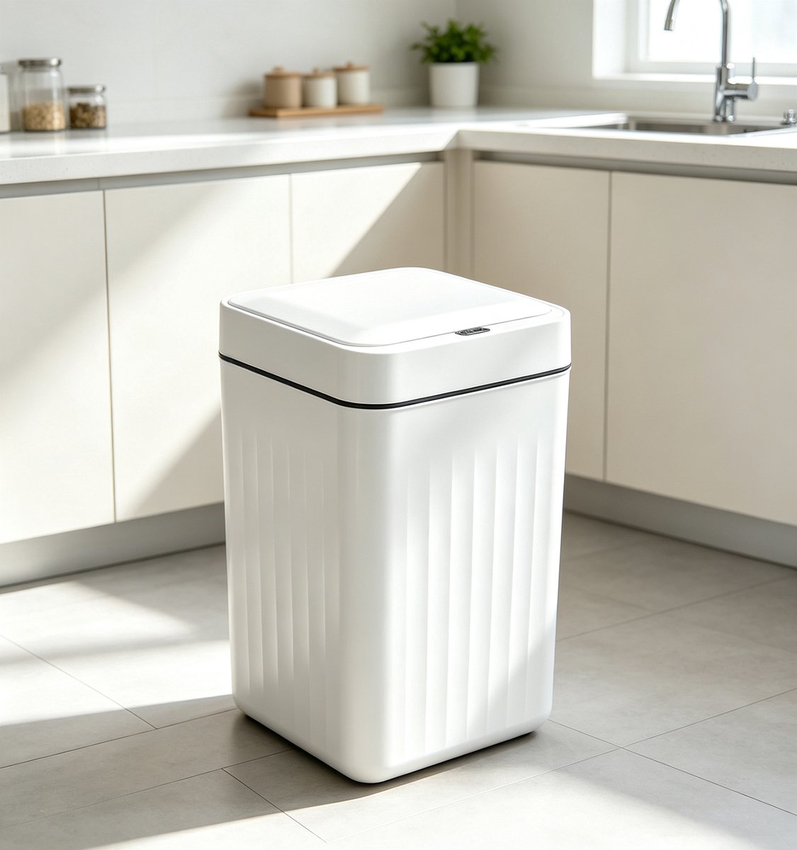Witte slimme prullenbak met sensor, 16 liter contactloze automatische opening drie bedieningsstanden smal kunststof ontwerp geschikt voor badkamers woonkamers slaapkamers keukens en kantoren Afmetingen 25 x 16,5 x 30,5 cm