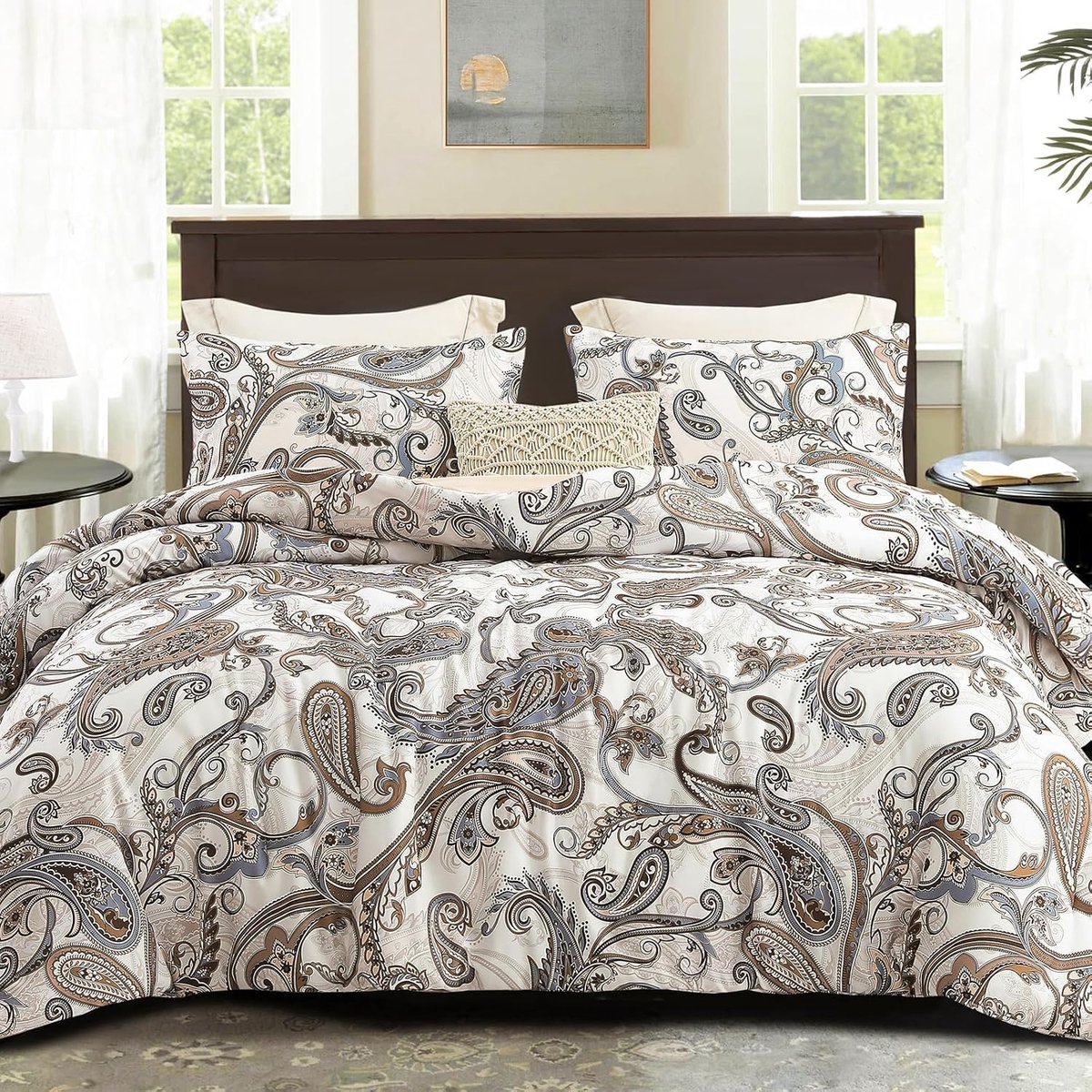 SnelShoppen - Whale Flotilla Dekbed 220 x 230 cm, Ademend en Zacht, 4 Seizoenen Dekbed met 2 Kussenslopen, Paisley Rookgrijs voor Comfortabele Slaaper
