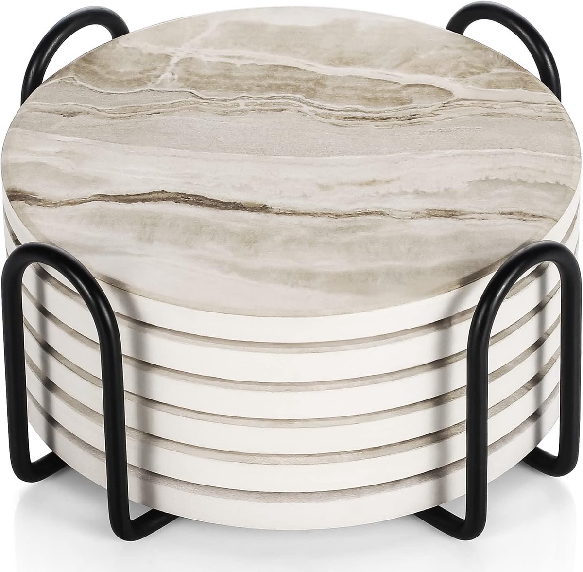 Onderzetters met houder - Onderzetters kurk - Onderzetters - Thermische isolatie - 6 Stuks Keramische Onderzetters met Kurken Onderkant – Absorberende Glasonderzetters met Metalen Houder - Hittebestendig en Antislip voor Tafel - Koffie en Dranken