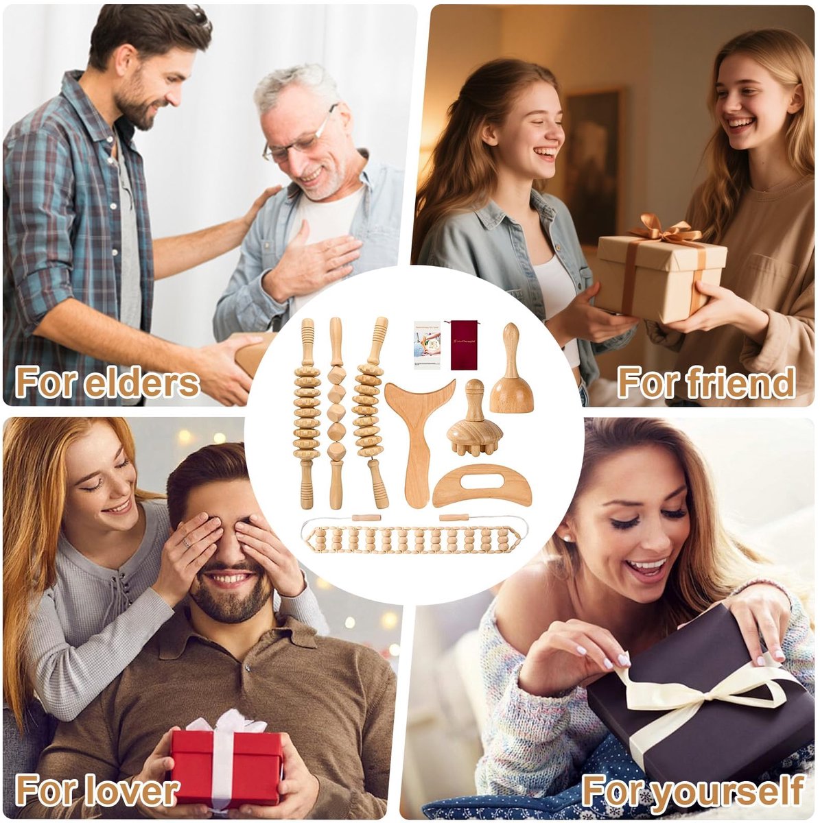 SnelShoppen - 8-delige houten massageset voor madetherapie, lymfedrainage, lichaamsvorming, anti-cellulitis, spierontspanning en pijnverlichting