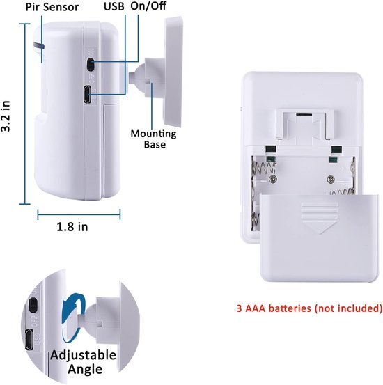 Alarm met bewegingssensor en draadloze opritmelder (op afstand); beveiligingssysteem voor binnenshuis/elektrische deurbel; inclusief 2 bewegingsmelders en 1 alarmeenheid, keuze uit 38 melodieën en voorzien van led-indicatielampjes. — afbeelding 4