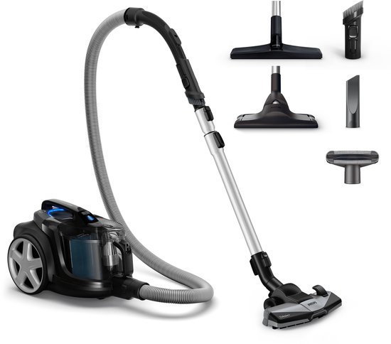 Zwarte Philips stofzuiger met slang en diverse opzetstukken, waaronder vloer-, kierenzuiger en turboborstel.