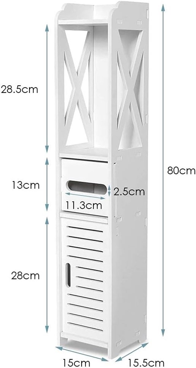 Vrijstaande Smalle Badkamerkast met Tissueopslag - 80 x 15,5 x 15 cm, Wit, Ideaal voor Woonkamer, Keuken en Wasruimte, Ruimtebesparend en Functioneel