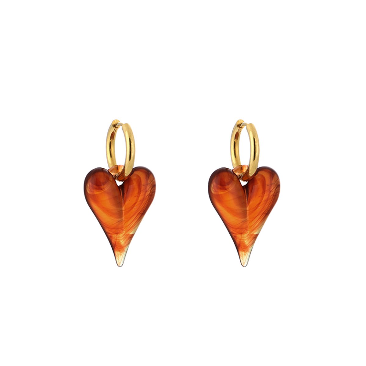 Stainless Steel Marbled Resinous Heart Charm Hoops – Luxe Gemarmerd Resin Hart Oorringen – RVS - Amber