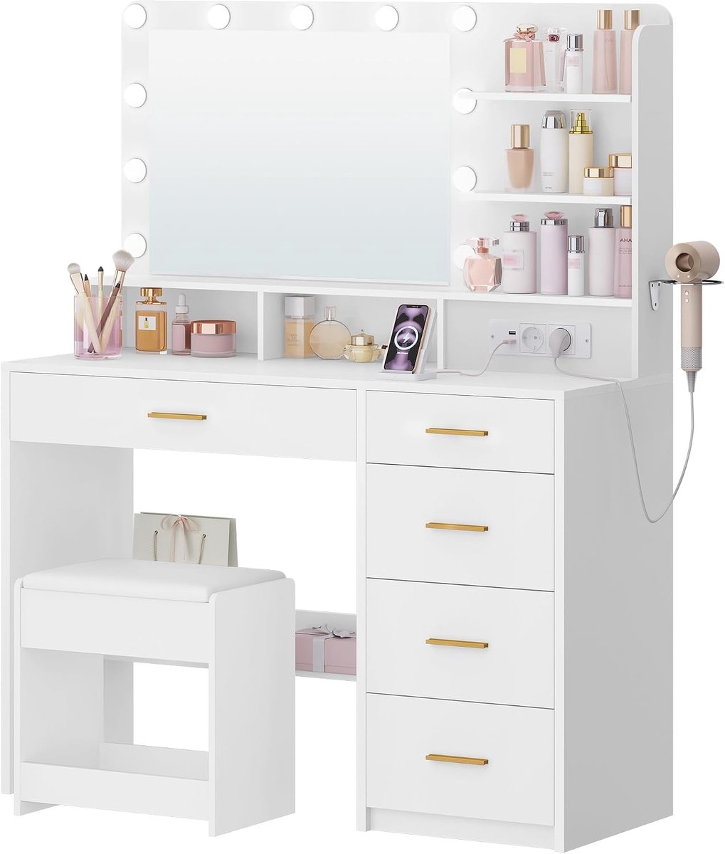 Hzuaneri Kaptafel met 3-Kleurige Led-Verlichting, met Stopcontact en Grote Spiegel, Kruk en FöHnhouder, Kaptafel met Meerdere Lades, 6 Open Opbergvakken, 40 x 108 x 139 cm, Wit