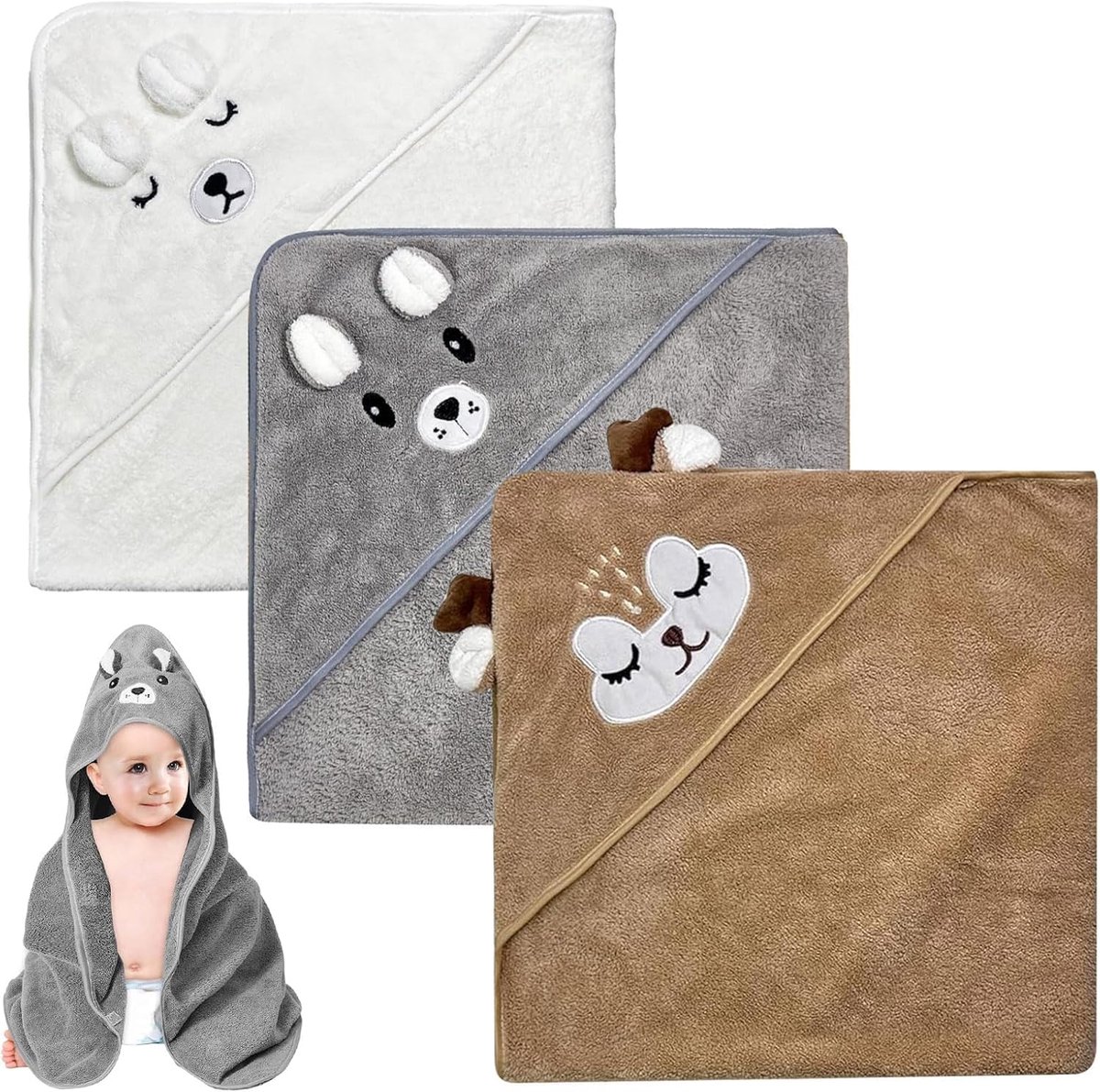 Capuchonhanddoek voor baby's 80 x 80 cm - zacht en absorberend - schattige kleuren wit, bruin, grijs - ShopVlot