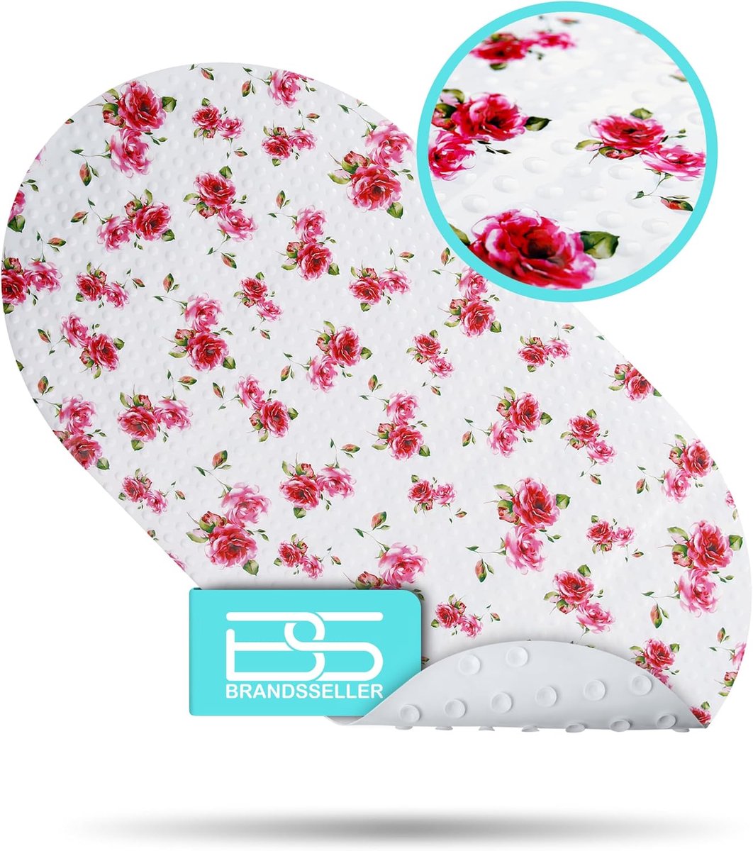 SnelShoppen - Antislip Badmat met Zuignappen, 70 x 36 cm, PVC, Wasbaar, Antibacterieel en Schimmelbestendig, Design Rozen, Badkuip Mat voor Veiligheid