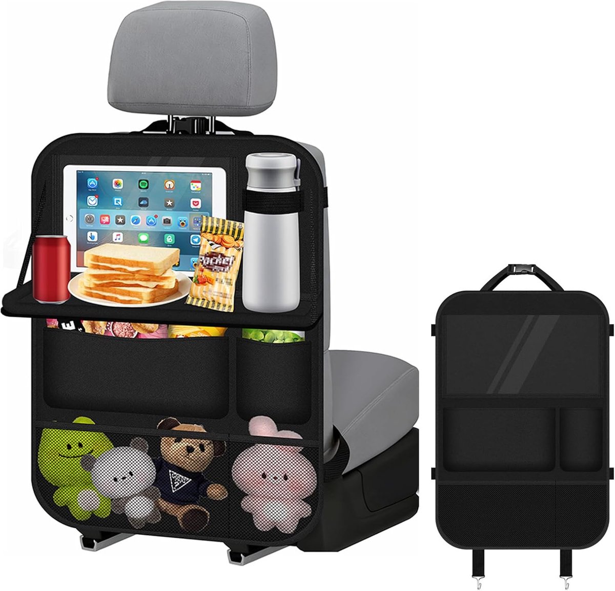 SnelShoppen - Multifunctionele autostoelorganizer voor kinderen met klaptafel, waterdichte rugleuningbescherming, tablet/telefoonopslag, zwart, voor d