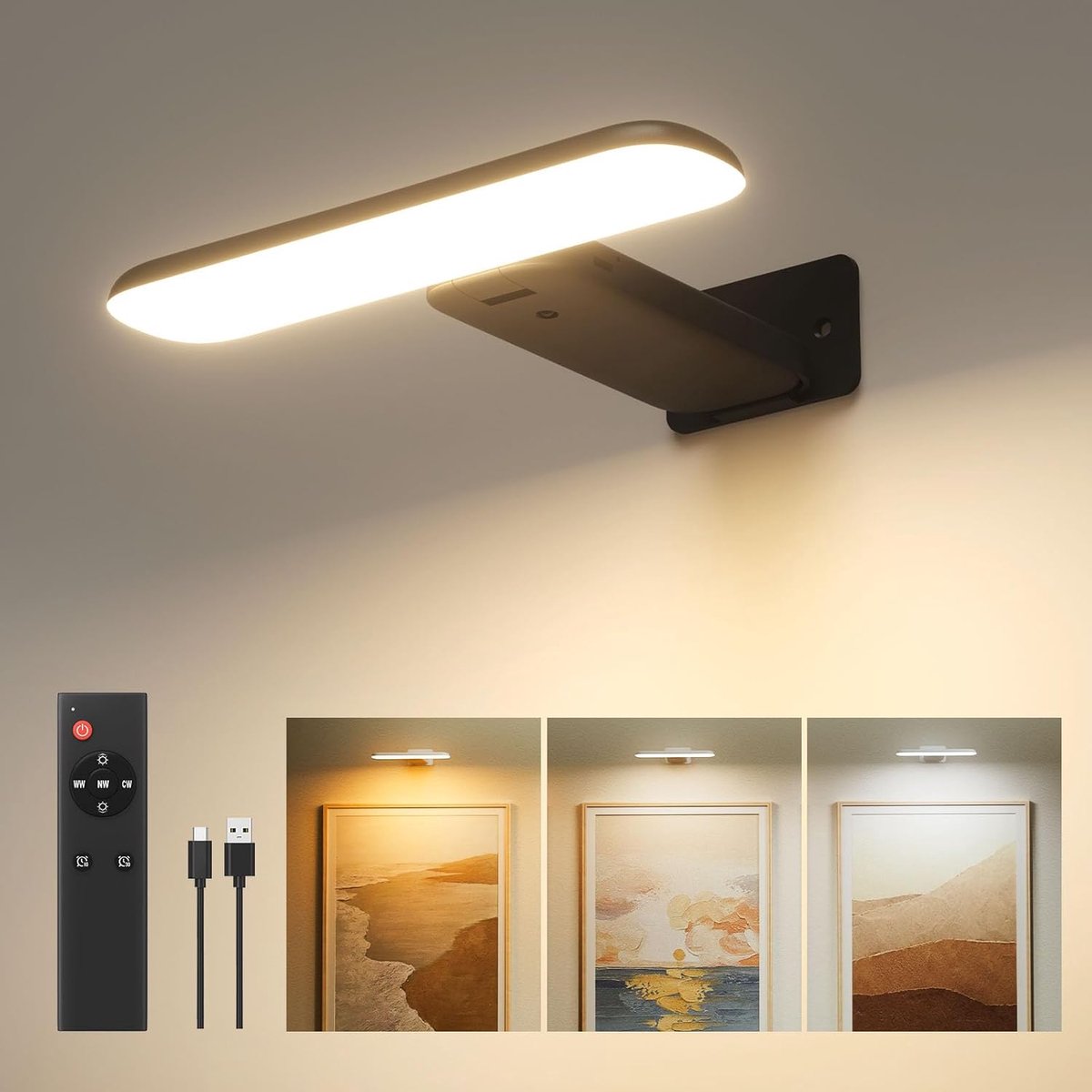 SnelShoppen - Draadloze Beeldverlichting Wandlamp Batterij LED Kunstverlichting met 3 Kleurtemperaturen en Afstandsbediening, Perfect voor Schilderije