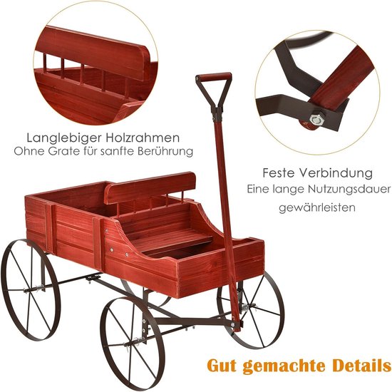 Houten Plantenwielwagen met Wielen en Handvat - Bloembak voor Tuin en Buiten, 62 x 34 x 60 cm van Merkloos	 — afbeelding 4