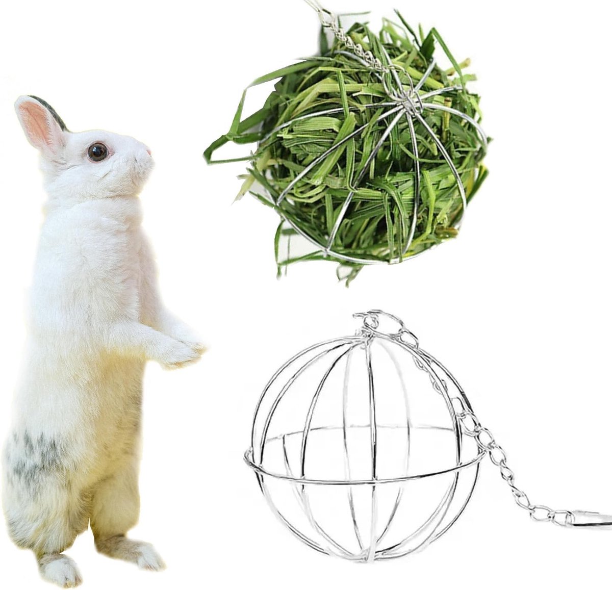 RVS Hooi Voederbal 8cm voor Konijnen, Cavia's en Hamsters - Hangende Dispenser voor Gras en Voer