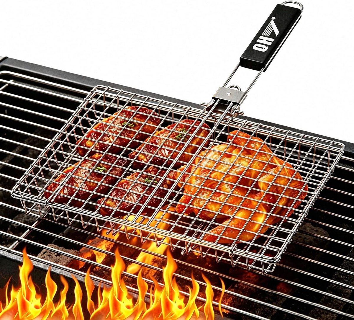 SnelShoppen - Robuuste Roestvrijstalen Grillmand voor Camping en Barbecue, Opvouwbaar en Draagbaar Grillrooster met Afneembare Handgreep, Anti-aanbakn