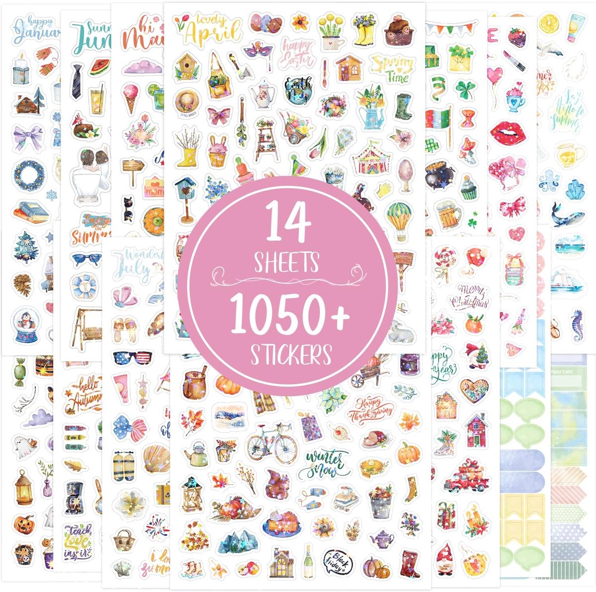 Thijox - 14-delige seizoensstickers set met 1050+ motieven, glitterstickers voor scrapbooking, bullet journal, DIY knutselen, feestdagen en cadeau-ide
