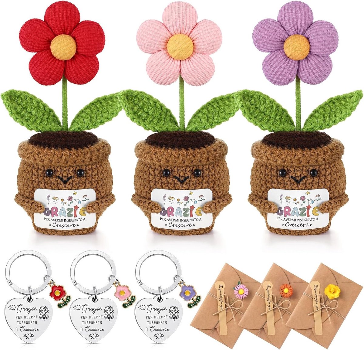 Uniek cadeau voor leerkrachten: 3 gehaakte plantjes, 3 bloemvormige sleutelhangers en 3 kraftpapier wenskaarten voor schoolfeestjes en vieringen