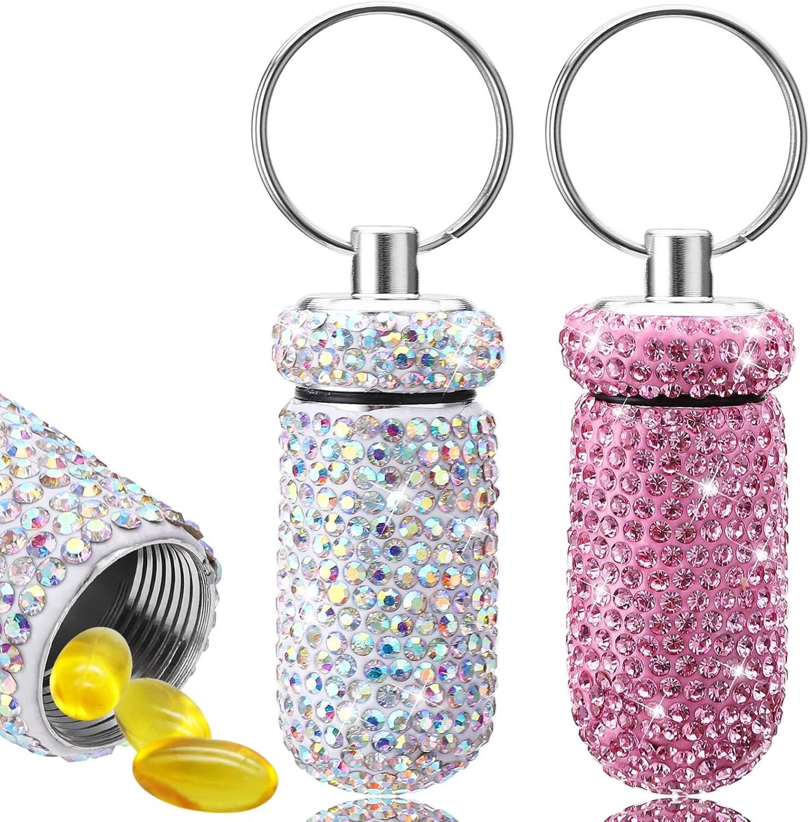 Bling Pill Holder Set van 2, Waterdichte Pillendoos, Draagbare Pillenfles met Sleutelhanger voor Reizen, Outdoor en Kamperen