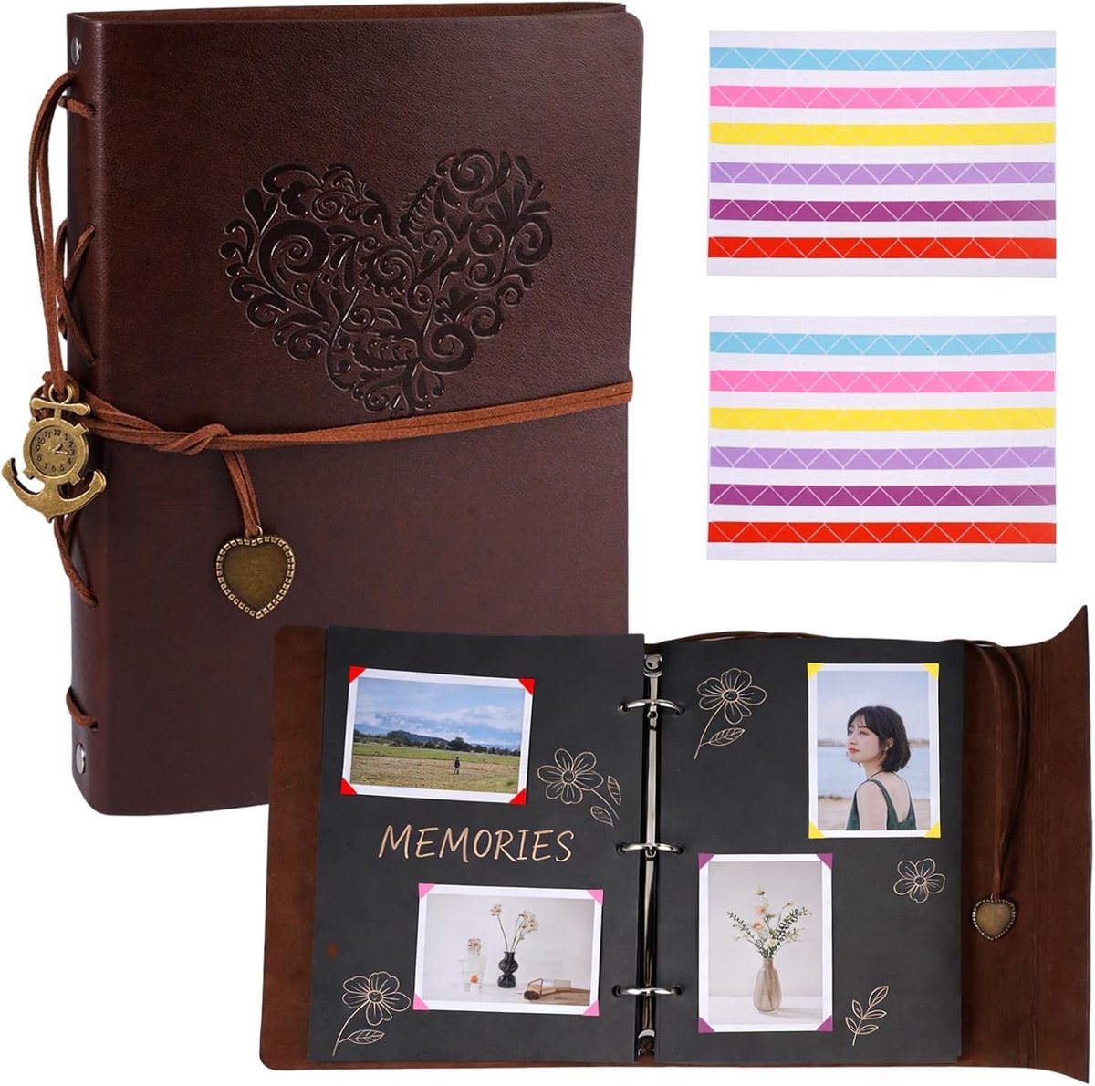 Vintage leren ringband fotoalbum met 60 pagina's voor 420 foto's | Lege leren scrapbook voor het organiseren van herinneringen, perfect als cadeau voor Moederdag en bruiloften