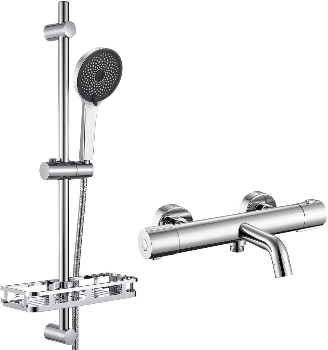 Auralum Max Thermostatische Badkraan - 15 cm - Waterbesparend - Met 70 cm Glijstangset - 3 functies Handdouche - Inclusief Zeepschaal - Doucheset - Met CoolTouch technologie - Chroom