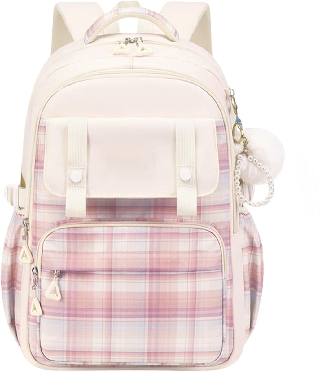 Waterdichte Rugzak Meisjes Beige met Leuke Accessoires - Grote Capaciteit Schooltas voor Tieners, Kinderen & Studenten - Lichtgewicht Schoolrugzak met Geruit Patroon - Rugzak voor Middelbare School - Comfortabele Boekentas - Stijlvol & Duurzaam