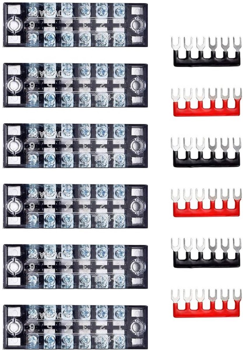 Schroefeindklemmen 6 stuks, 600 V 15 A, dubbele rij klemlijst, 6 posities, terminals in rood en zwart