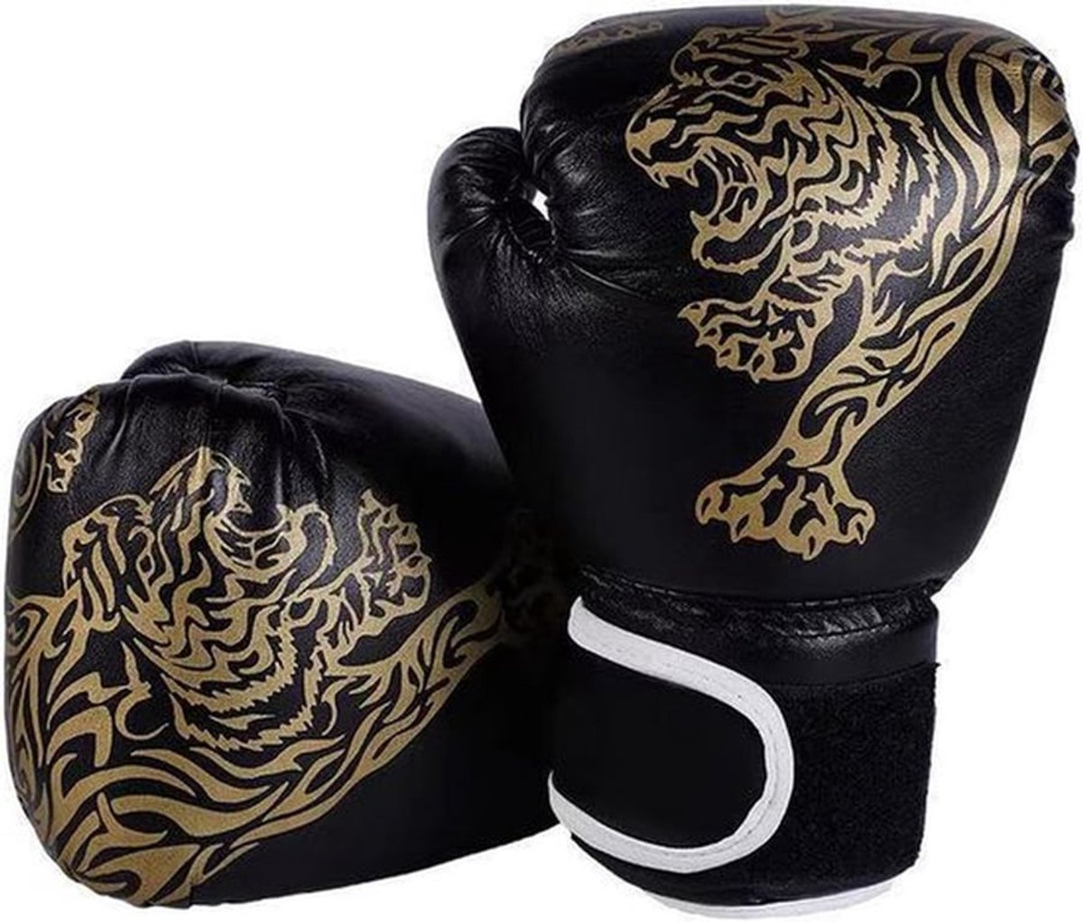 Junior Bokshandschoenen 6 oz voor Jongens en Meisjes, Zwarte Muay Thai Handschoenen voor Kickboksen, MMA en Training met Gouden Tijgerpatroon
