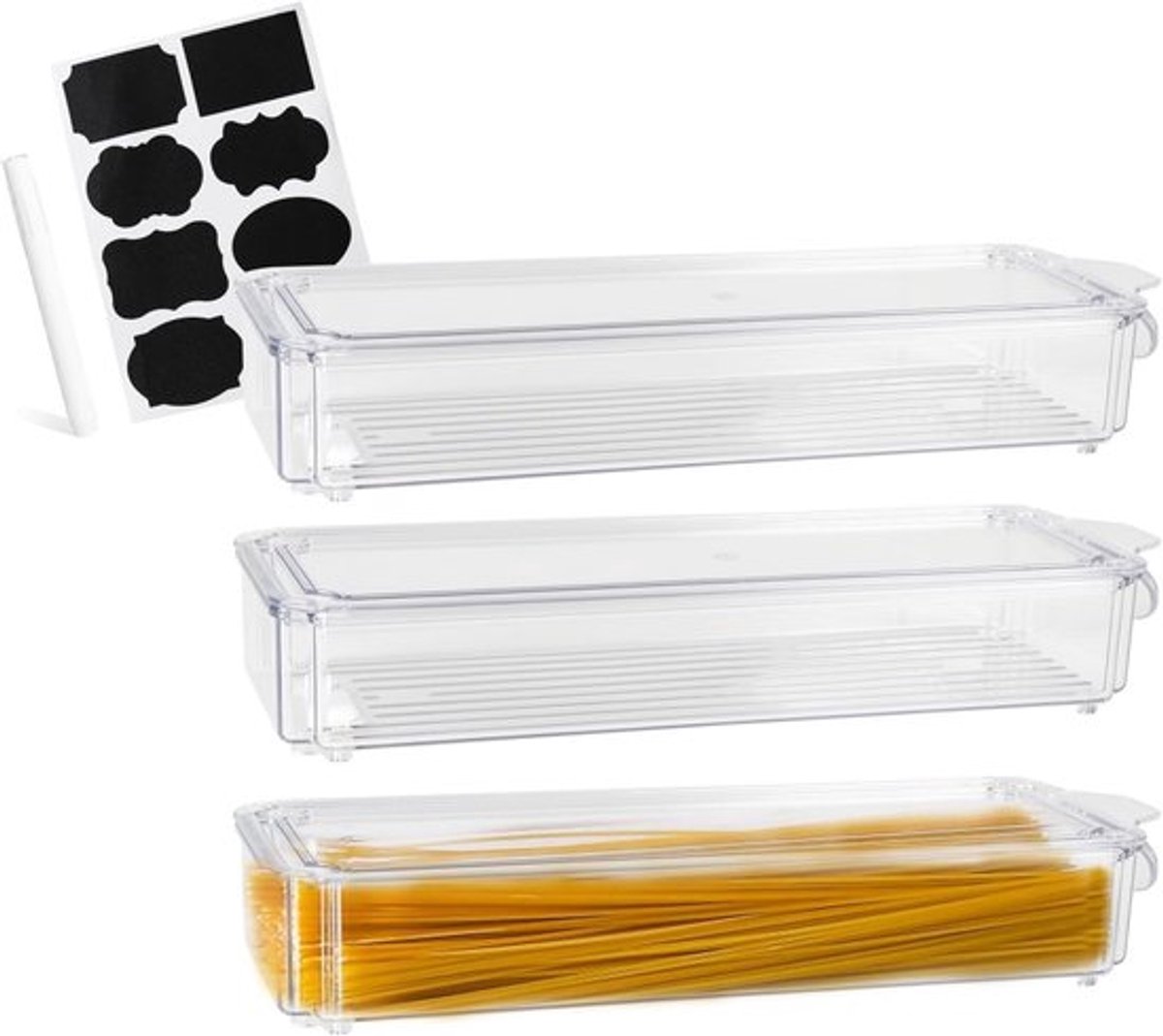 Luchtdichte opslagcontainers voor pasta 30x10x4.5cm, transparante dozen voor spaghetti, macaroni en fusilli, ideaal voor keuken en voorraadkast