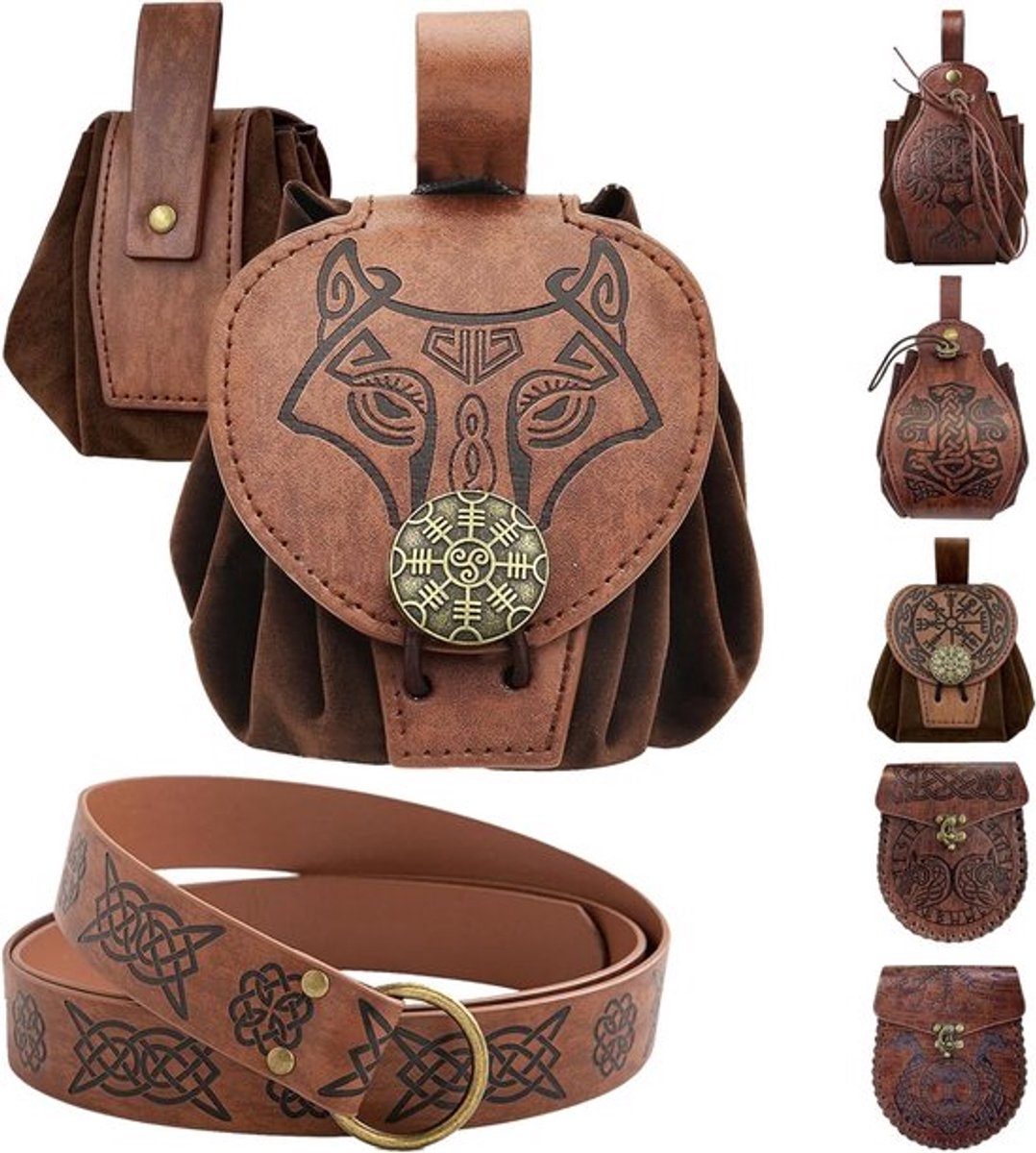 Middeleeuwse riem en tas van faux leer in hippie-stijl voor kostuums en rollenspellen voor vrouwen en mannen, bruin