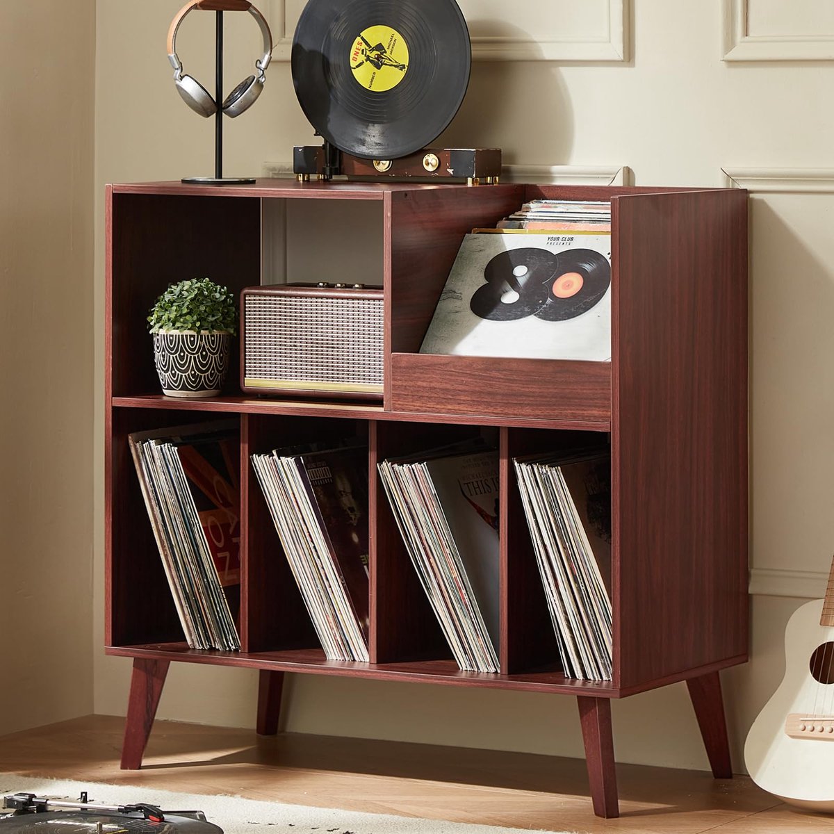 SnelShoppen - Grote platenstandaard met opslag - Platenspeler-standaard met plank - Vinylplaathouder voor 300 albums - Platenrek voor muziekkamer en w