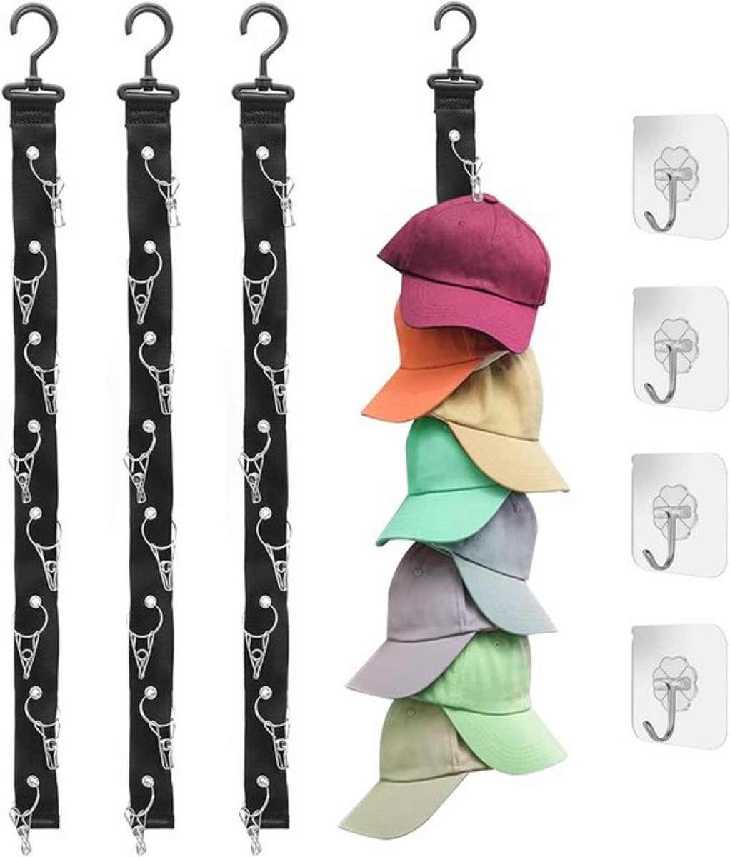 Nylon Hoedhouder voor Muurmontage met 4 Adhesieve Haken voor Baseball Caps en Zonnehoeden - Zwart