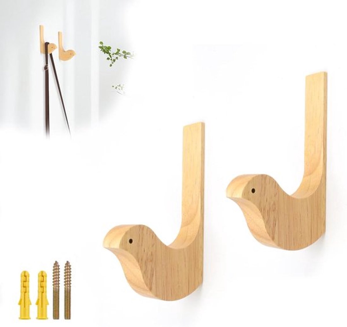Set van 2 houten vogelvormige wandhaken voor garderobe in retro stijl met bevestigingsmateriaal - voor ingang, woonkamer en slaapkamer