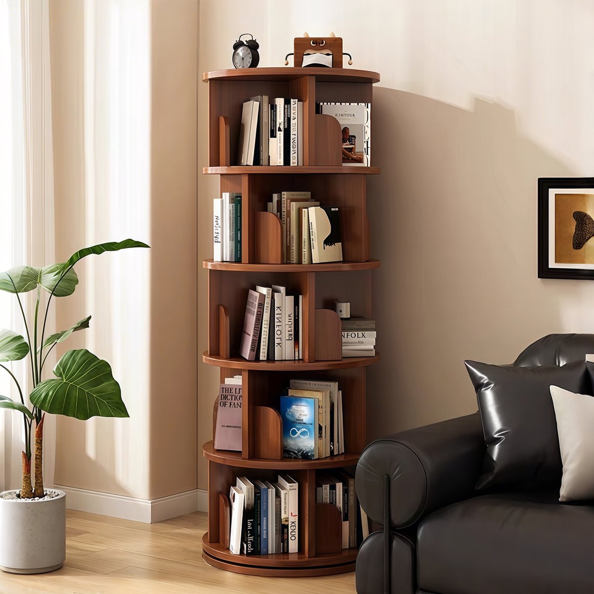 Boekenkast - Draaibare boekenkast - Opbergkast - Hoek boekenkast - 5 lagen - Ronde displaystandaard - 157x46x46 cm - Geschikt voor studeerkamer, slaapkamer - Walnoothoutkleur
