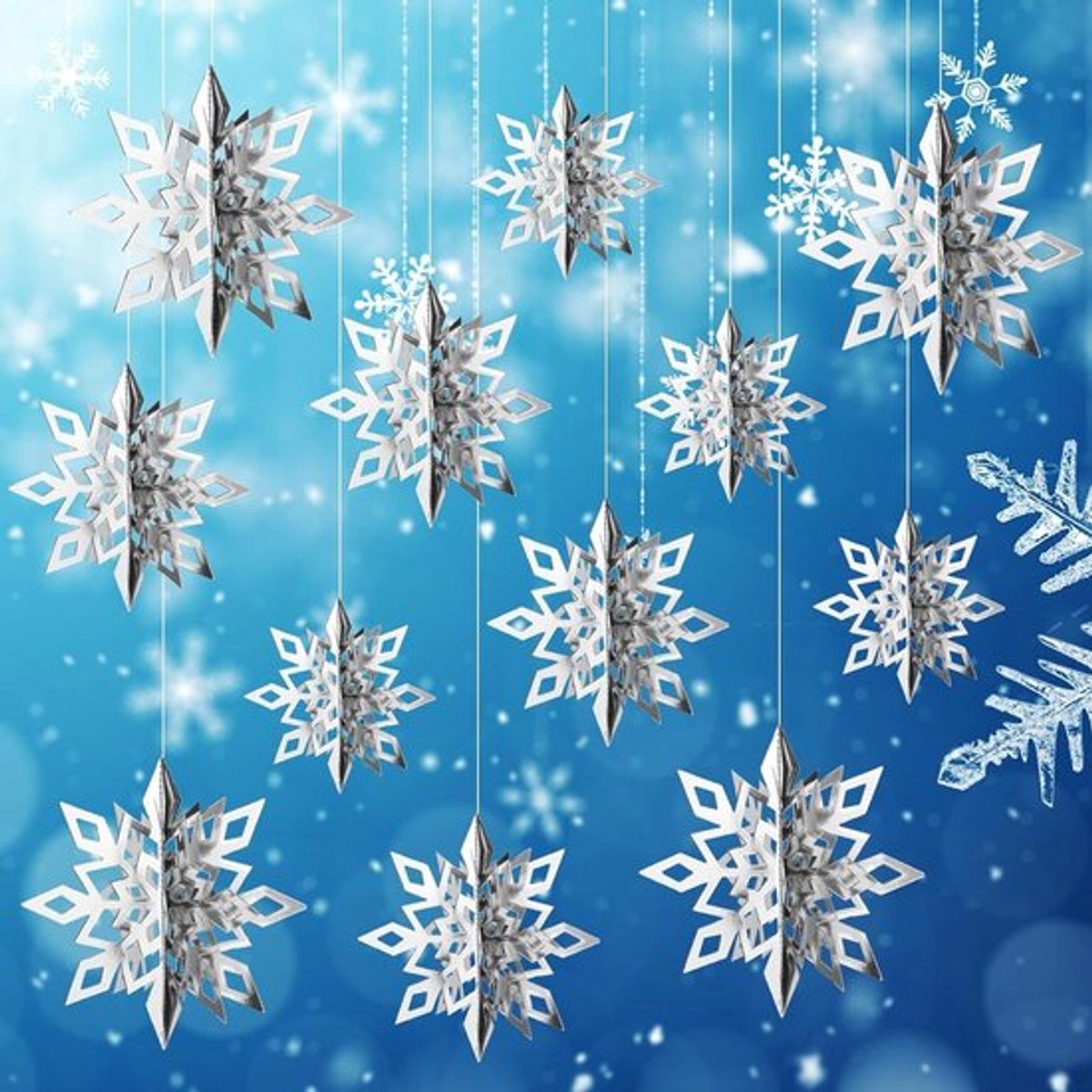 Hangende Sneeuwvlokken Set - 12 Stuks - Kerstkrans Decoratie - 3D Papieren Sneeuwvlokken - Winter Wonderland Kerst Decoratie - Zilverkleurig