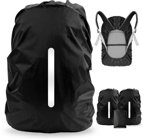 Housse de sac à dos noire avec bande réfléchissante verticale, avant et arrière. Deux housses et un sac de rangement.
