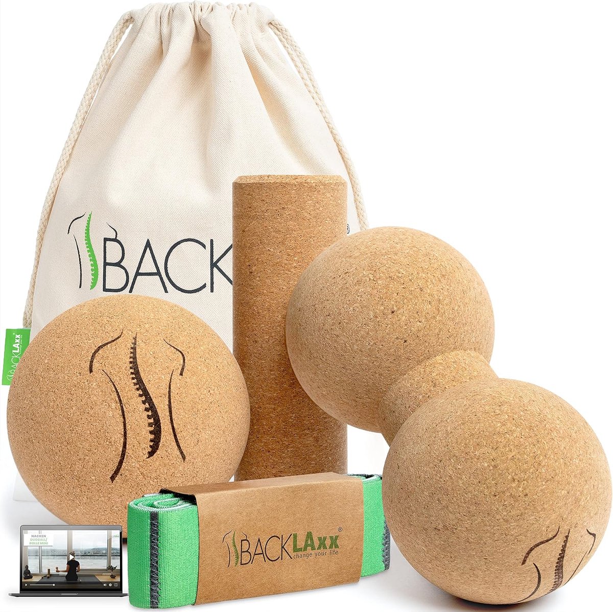 SnelShoppen - Fasciarol set van kurk - 3-delige massageset met fasciabal, kleine fasciarol, voetfasciarol, antibacterieel en vrij van schadelijke stof