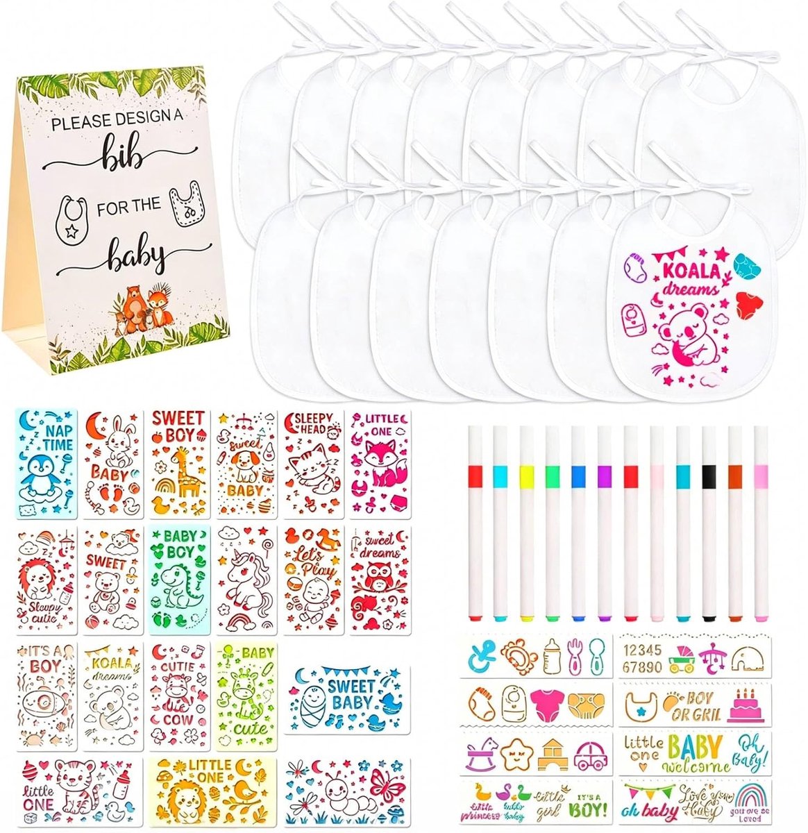 Babyslabbetje om te beschilderen - 14 katoenen slabbetjes - dubbelzijdig - creatief plezier voor babyshower - m-winkel