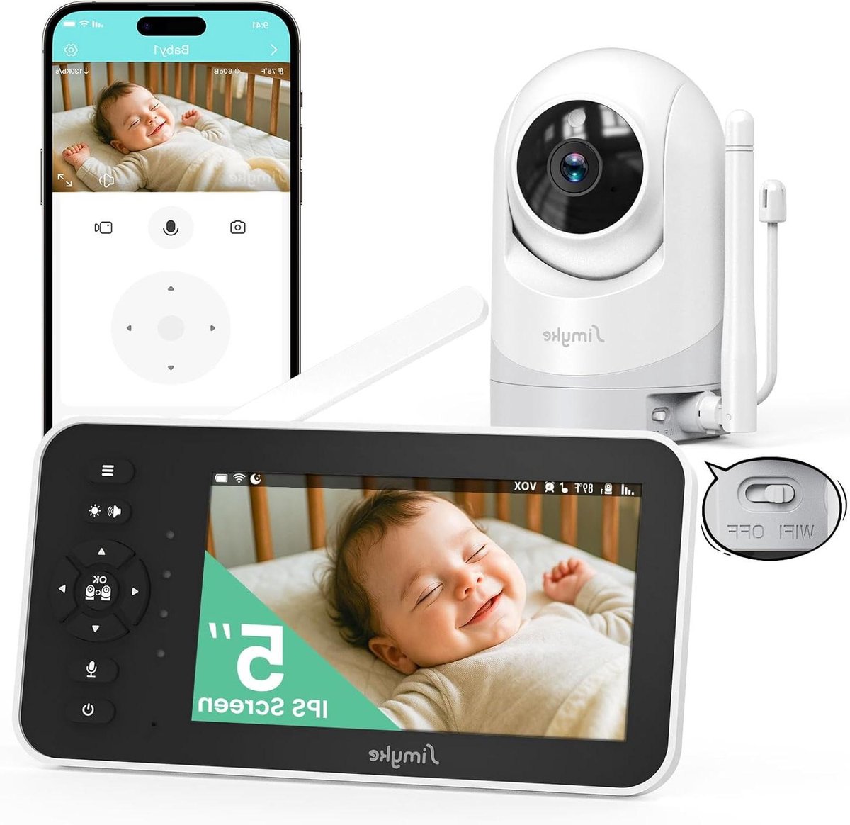 Video Babyfoon - Kind Monitor - Baby Bewaken - 5 Inch HD Scherm - 1200 Voet Bereik - Wit