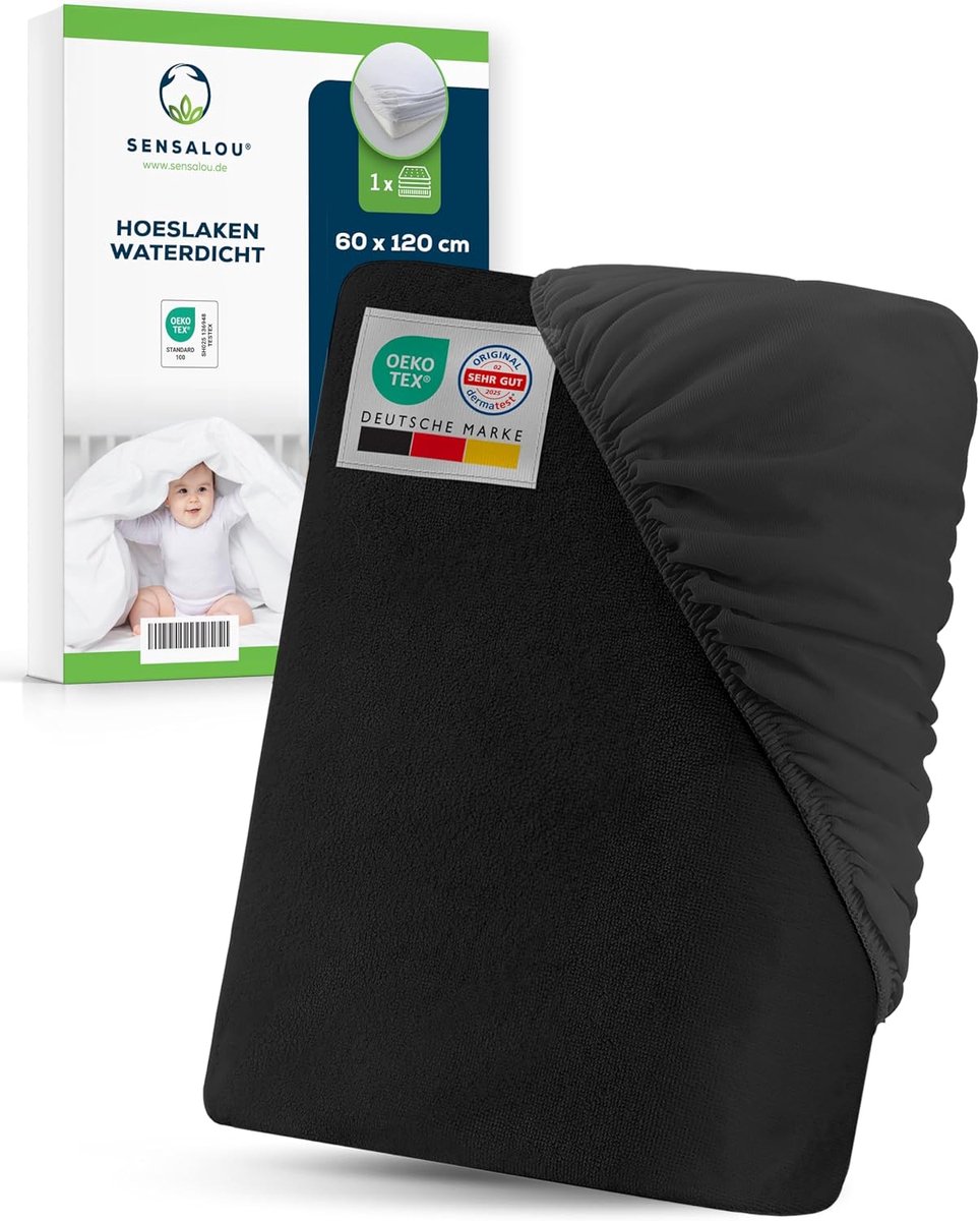 SnelShoppen - Waterdicht hoeslaken 60 x 120 cm zwart, ademende incontinentie-matrasbeschermer voor babybed en kinderbed, badstof met Öko-Tex keurmerk,