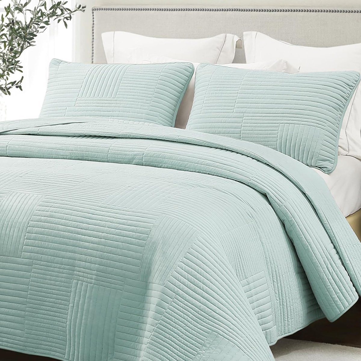 SnelShoppen - Whale Flotilla Sprei 220 x 240 cm, Microvezel Bedsprei met 2 Kussenslopen, Zacht en Licht Dekbed met Strepenpatroon, Groen voor Alle Sei