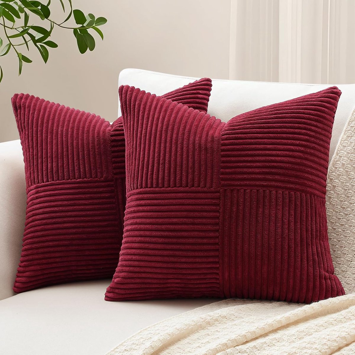 SnelShoppen - Set van 2 corduroy kussenslopen 40x40 cm met kruis strepen patroon, decoratieve kussenhoezen voor woonkamer, sierkussens, patchwork desi