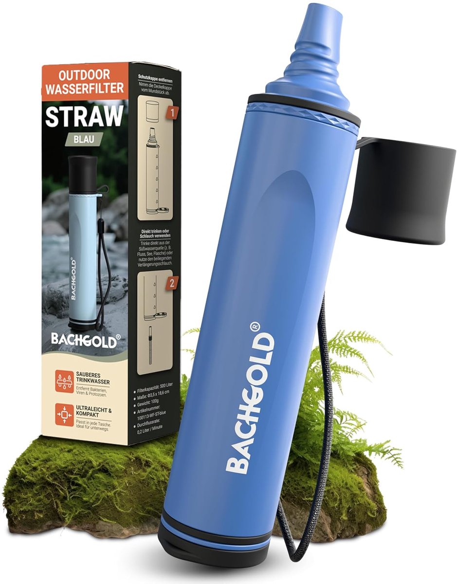 SnelShoppen - Bachgold Straw Outdoor Survival Waterfilter, 99,99% virus- en bacteriënverwijdering, 2-traps elektroadsorptie, 70 cm slang, ultralicht,