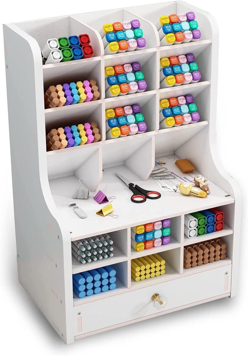 SnelShoppen - Houten Bureau Organizer Multifunctionele Bureau Stationery Penhouder met Lade voor Thuis Kantoor School Benodigdheden Opbergdoos Wit