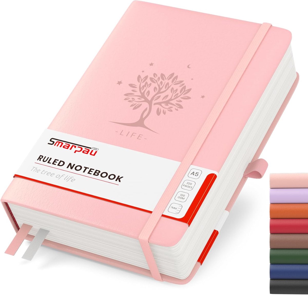 SnelShoppen - Smarpau Notitieboek A5 Hardcover Leren Dagboek met 320 Pagina's 100gsm Papier | Roze Notitieblok met Indextabs voor Volwassenen, Werk, S