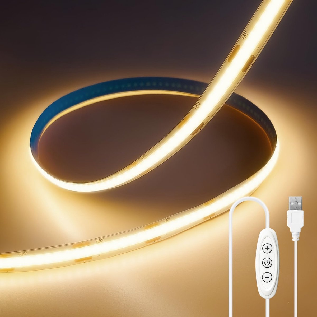 Thijox - 5V COB Led Strip Warmwit 2M, Dimbaar USB LED Strip Licht, Flexibel en Snijbaar voor TV Achtergrondverlichting, Keuken, Slaapkamer, Interieur