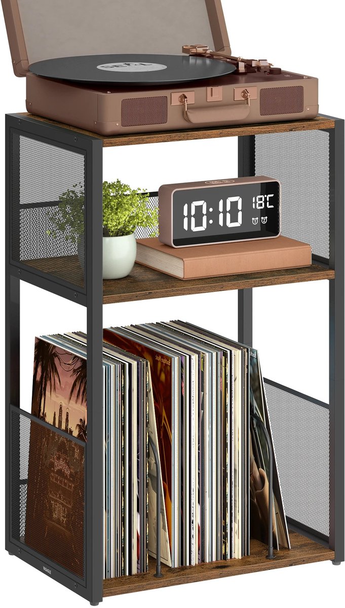 AALVERO - Platenspeler kast - Platenspeler meubel - Lp kast - Vinyl kast - Spaanplaat - Staal - 100 Albums - Rustiek Bruin