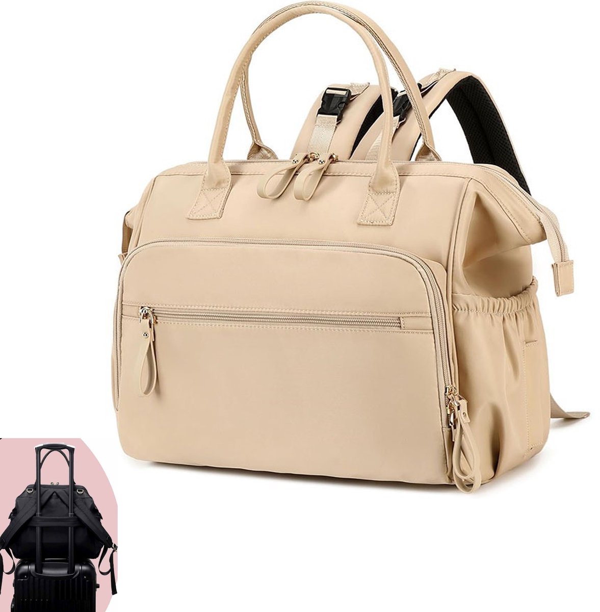 KZQ Grote luier tas tote 20L met 14 vakken - Converterbaar met kinderwagenclips en 3 geïsoleerde vakken - Waterafstotend en praktisch voor onderweg - Gebroken wit