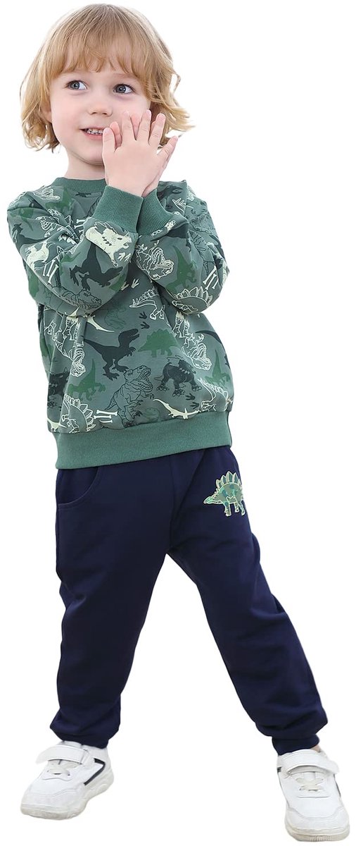 SnelShoppen - Joggingset voor Kinderen Jongens, Dinosaurus, Ronde Hals Sweatshirt en Joggingbroek, Tweedelig, Groen, 5-6 Jaren, Comfortabel voor Speel