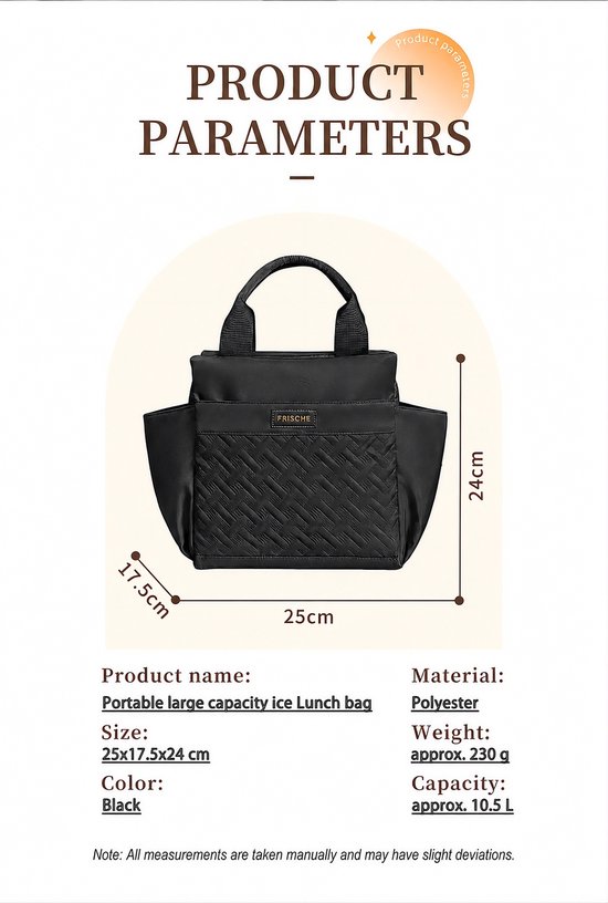 Rainbecom Lunchtas 10.5L - Koeltassen Zwart - Isolerende & Waterdichte 900D Polyester - Handvat Riem Lunch Bag Zijzakken Voor Werk, School, Reizen, Picknick - 25x17.5x24 cm van Rainbecom — afbeelding 2