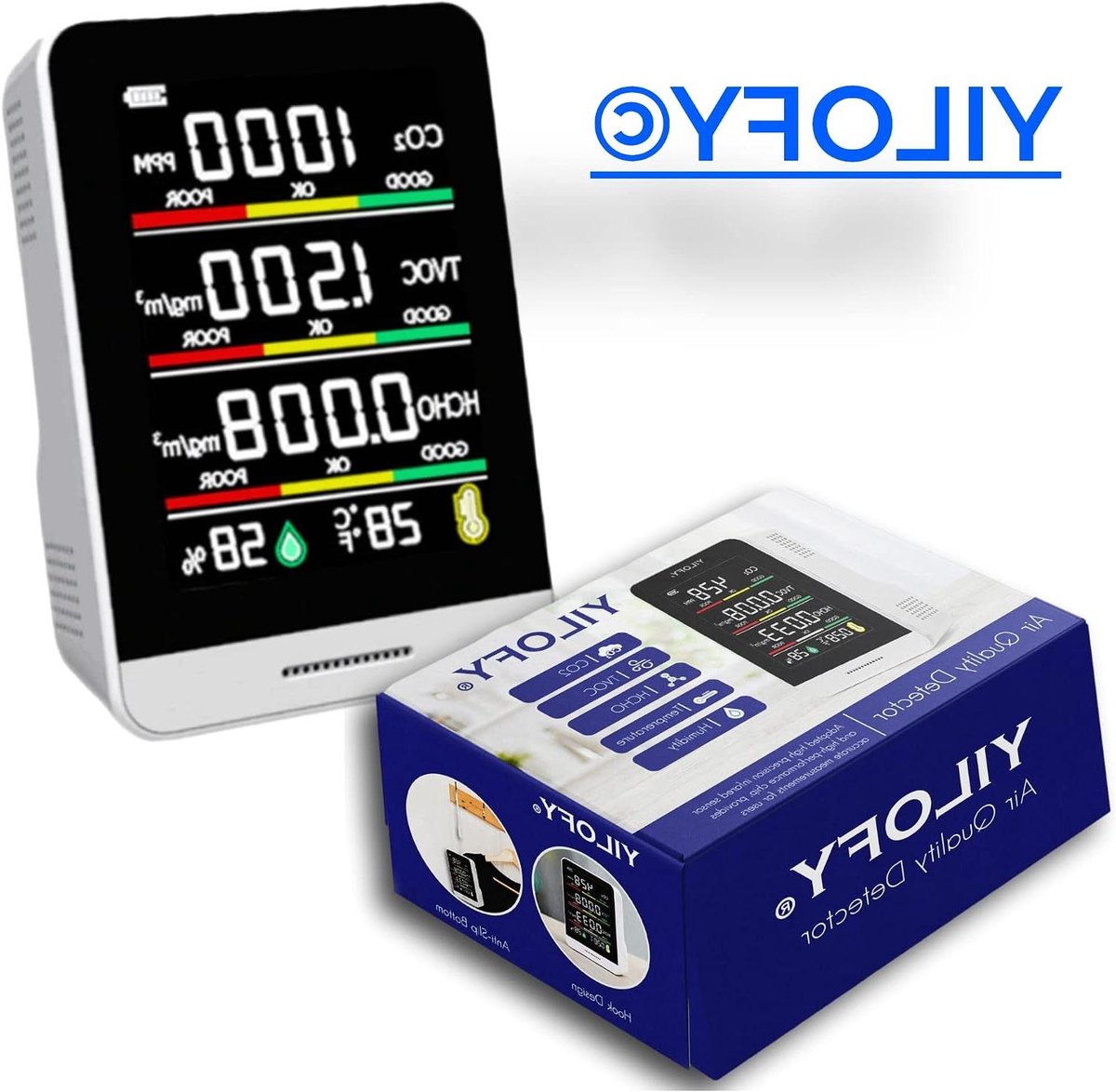Luchtkwaliteit Meter - Hygrometer CO2 Sensor - Binnenklimaat Monitoren - 5 in 1 Functies - LCD Scherm - Zwart