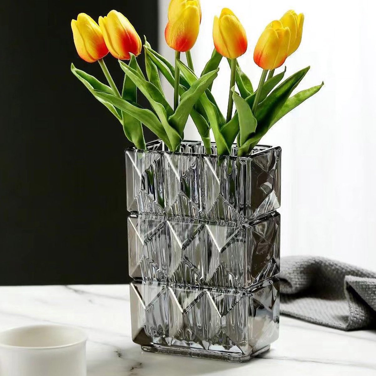 SnelShoppen - 20 cm Kristalglazen Vaas - Heldere Glazen Bloemenvaas - Grote Vierkante Decoratieve Vaas - Moderne Boerderij Decoratie - Grijs voor Woon