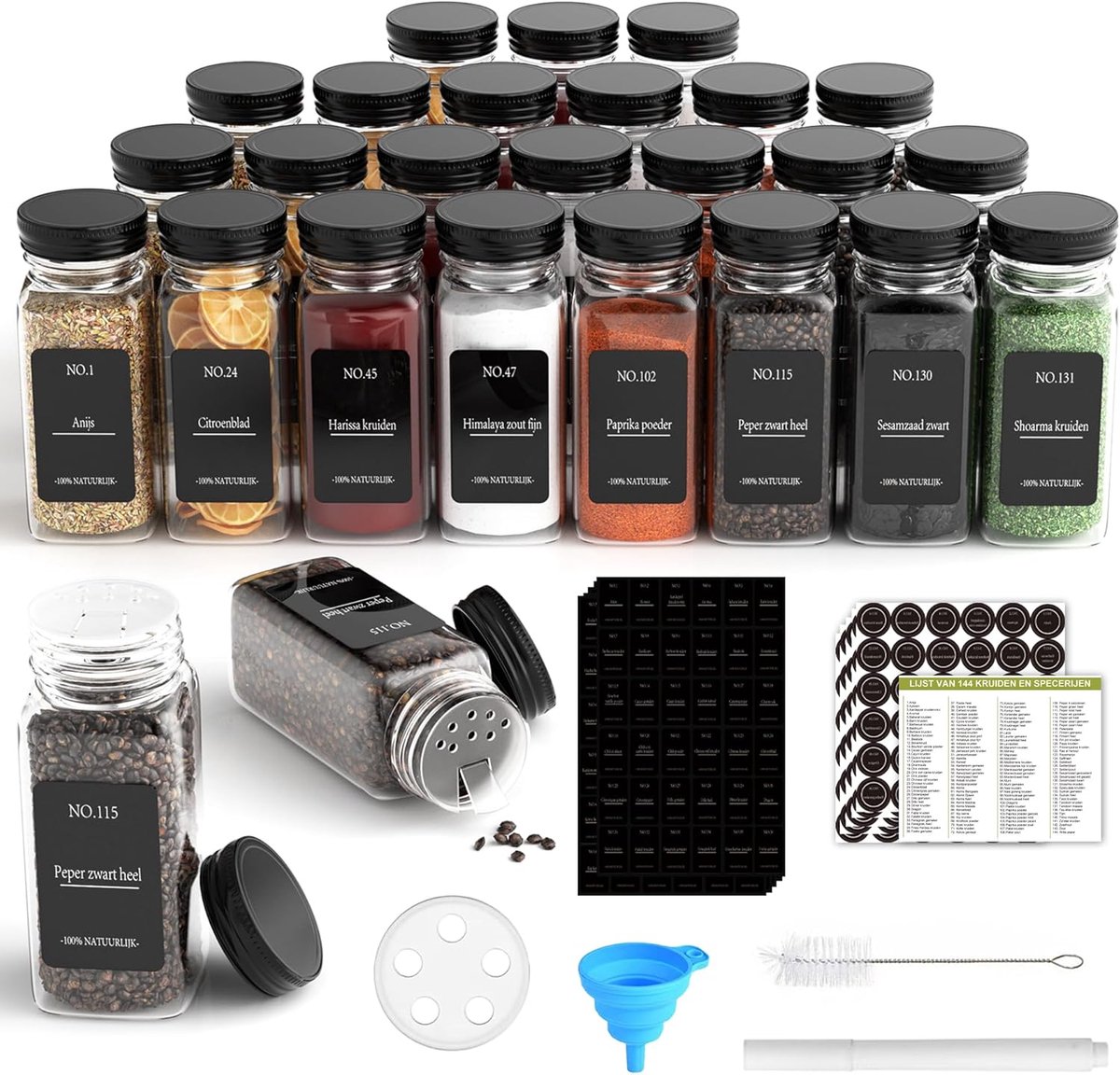 SnelShoppen - Set van 24 vierkante kruidenpotjes 120 ml met deksel, waterdichte etiketten, kruidenstrooier inclusief trechter en zeef voor keukenorgan